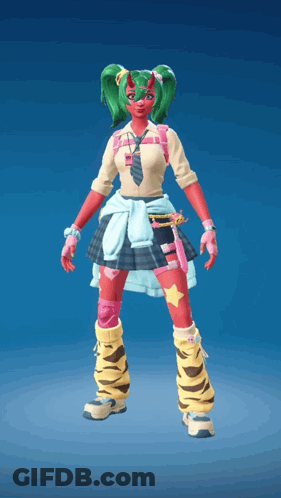 A Girl With Green Hair And Red Skin Is Wearing A School Uniform GIF