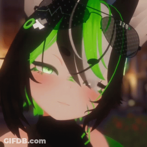 A Girl With Green Hair And Sunglasses With The Number 129 GIF