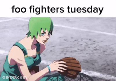 A Girl With Green Hair Is Holding A Baseball Glove And The Words Foo Fighters Tuesday Are Above Her GIF