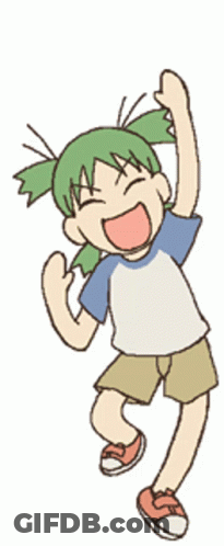 A Girl With Green Hair Is Jumping In The Air With Her Arms In The Air GIF
