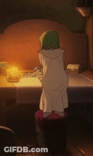 A Girl With Green Hair Is Kneeling In Front Of A Table GIF
