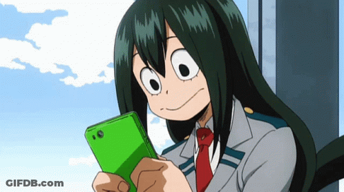 A Girl With Green Hair Is Looking At A Green Cell Phone GIF