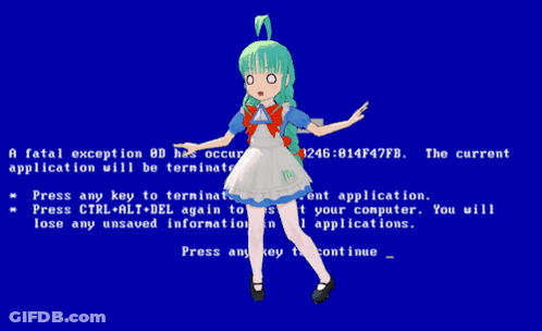 A Girl With Green Hair Is Standing In Front Of A Blue Screen That Says A Fatal Exception GIF
