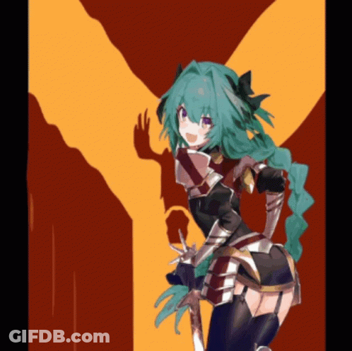 A Girl With Green Hair Is Standing In Front Of A Red And Yellow Background GIF