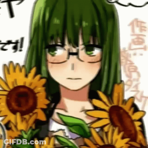 A Girl With Green Hair Is Surrounded By Sunflowers GIF