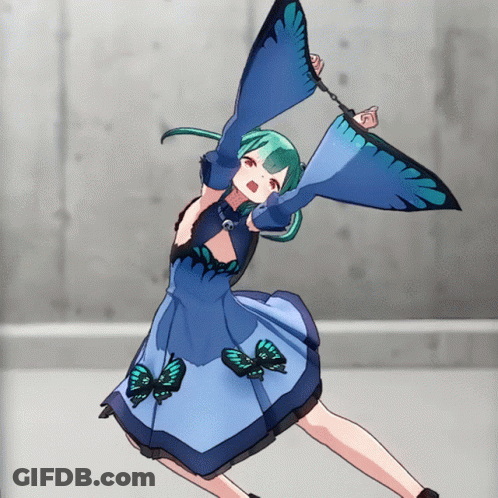 A Girl With Green Hair Is Wearing A Blue Dress With Butterfly Wings GIF