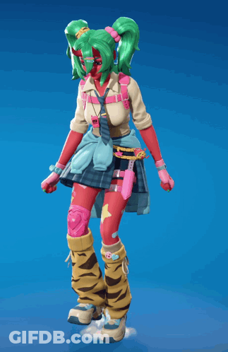 A Girl With Green Hair Is Wearing A Tiger Print Skirt And Knee Pads GIF