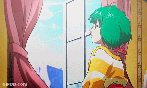 A Girl With Green Hair Looking Out A Window GIF