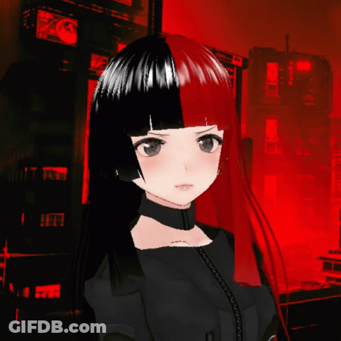 A Girl With Half Black And Half Red Hair Stands In Front Of A Red Background GIF