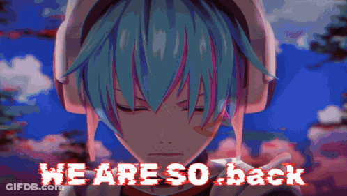 A Girl With Headphones And The Words " We Are So Back " GIF