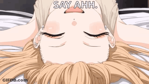 A Girl With Her Eyes Closed Is Laying On A Bed With The Words Say Ahh Written Above Her GIF