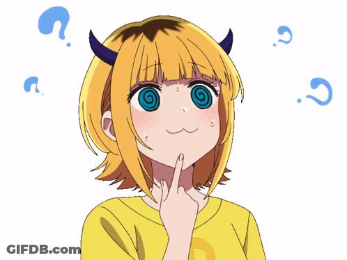 A Girl With Horns And A Spiral In Her Eyes Is Surrounded By Question Marks GIF