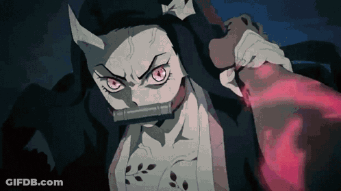 A Girl With Horns And Red Eyes Is Holding A Bloody Hand GIF