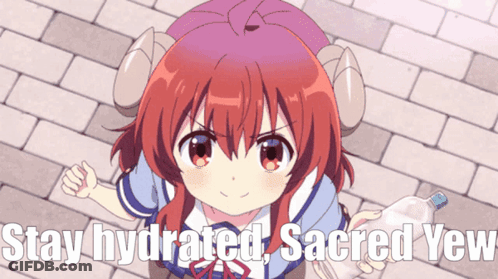 A Girl With Horns Is Holding A Bottle Of Water With The Words Stay Hydrated Sacred Yeah Written Below Her GIF
