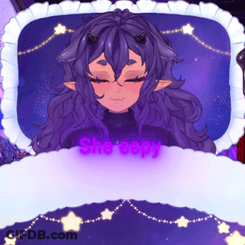 A Girl With Horns Is Sleeping In A Bed With The Words She Sleepy Glowing In Purple GIF