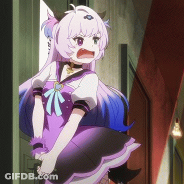A Girl With Horns Is Standing In A Doorway With Her Mouth Open GIF