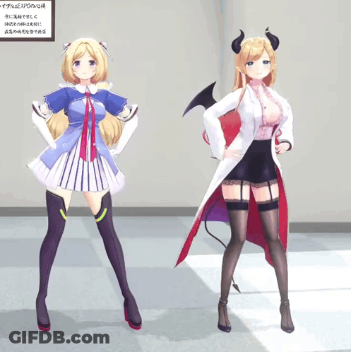 A Girl With Horns Is Standing Next To Another Girl With A White Coat GIF