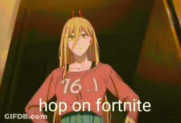 A Girl With Horns On Her Head Is Standing In Front Of A Black Wall And Says `` Hop On Fortnite '' . GIF