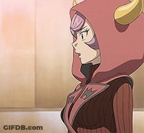 A Girl With Horns On Her Head Is Wearing A Red Hoodie GIF