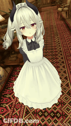 A Girl With Horns On Her Head Is Wearing A White Apron GIF