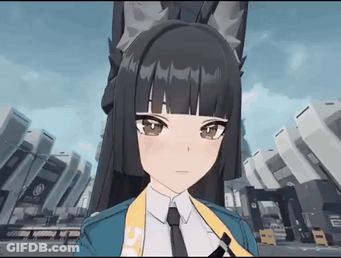 A Girl With Long Black Hair And A Cat Ear Is Wearing A Blue Jacket And Tie . GIF
