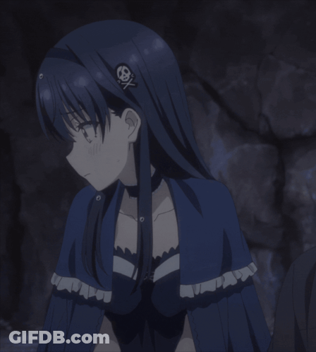 A Girl With Long Black Hair And A Choker On Her Neck Is Smiling With Her Eyes Closed GIF