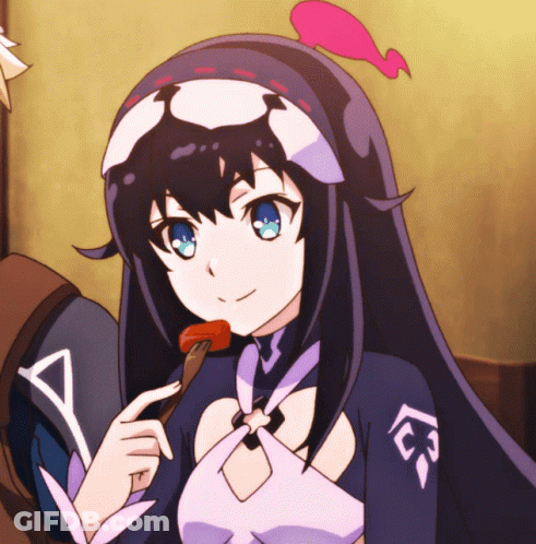 A Girl With Long Black Hair And Blue Eyes Is Eating A Piece Of Food With A Fork GIF