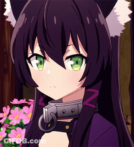 A Girl With Long Black Hair And Green Eyes Is Wearing A Collar GIF