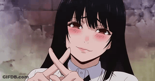 A Girl With Long Black Hair And Red Eyes Is Making A Peace Sign With Her Fingers . GIF