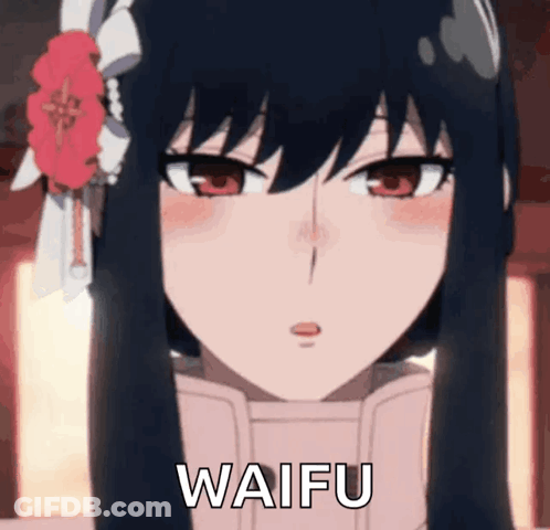 A Girl With Long Black Hair And Red Eyes Is Wearing A Flower In Her Hair And Says Waifu GIF