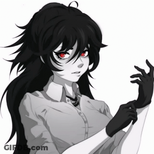 A Girl With Long Black Hair And Red Eyes Is Wearing Black Gloves GIF