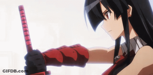 A Girl With Long Black Hair And Red Gloves Is Holding A Red Sword GIF