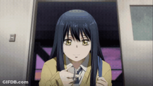 A Girl With Long Black Hair And Yellow Eyes Is Holding A Blue Backpack GIF