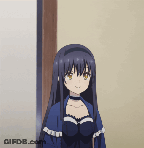 A Girl With Long Black Hair And Yellow Eyes Is Smiling GIF