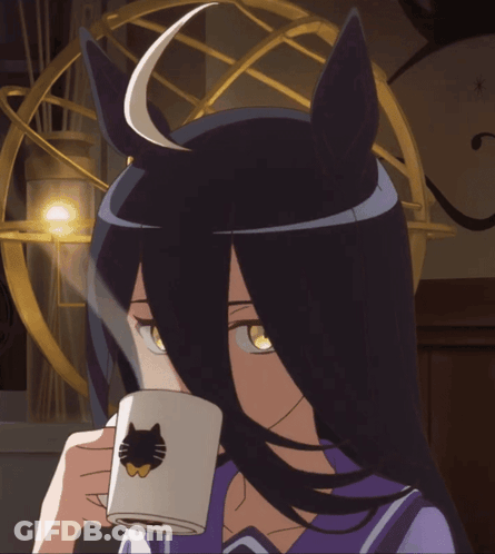 A Girl With Long Black Hair Drinking From A White Cup With A Cat On It GIF