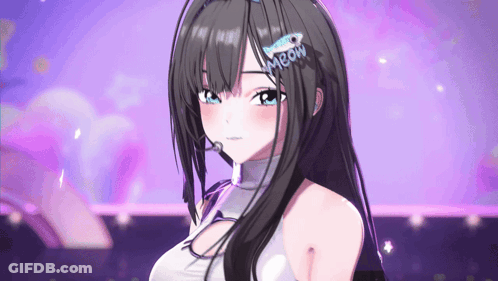 A Girl With Long Black Hair Has A Meow Sticker On Her Hair GIF
