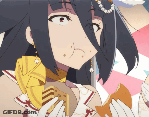 A Girl With Long Black Hair Is Holding A Piece Of Bread In Her Hand GIF