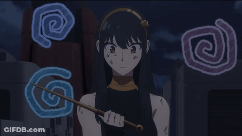 A Girl With Long Black Hair Is Holding A Sword And Surrounded By Spirals GIF