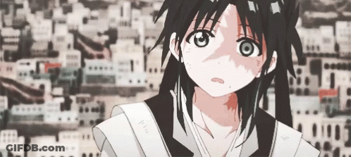 A Girl With Long Black Hair Is Standing In Front Of A City With Buildings In The Background . GIF