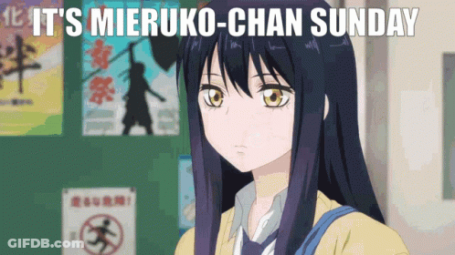 A Girl With Long Black Hair Is Standing In Front Of A Sign That Says ' It 'S Mieruko-Chan Sunday ' GIF