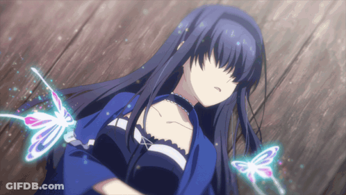 A Girl With Long Black Hair Is Surrounded By Butterfly Wings GIF