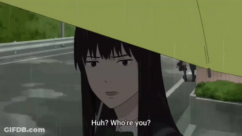 A Girl With Long Black Hair Is Under An Umbrella And Says Huh Whore You GIF