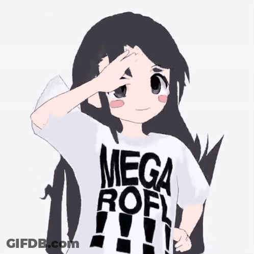 A Girl With Long Black Hair Is Wearing A Mega Rofl Shirt GIF