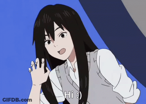 A Girl With Long Black Hair Says Hi And Waves Her Hand GIF
