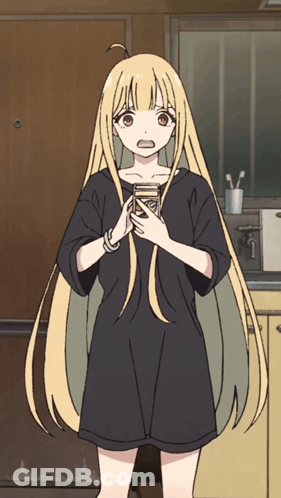 A Girl With Long Blonde Hair And A Black Shirt Is Holding A Can GIF