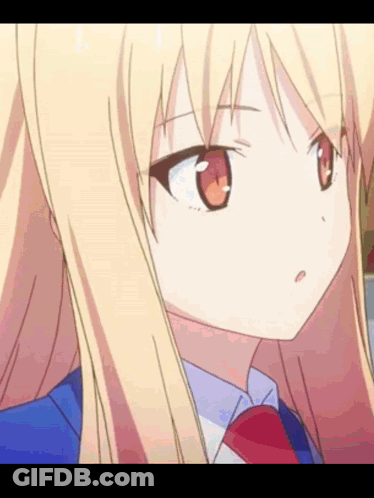 A Girl With Long Blonde Hair And Red Eyes Is Wearing A Blue Shirt And Red Tie GIF