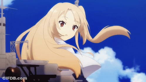 A Girl With Long Blonde Hair Is Standing In Front Of A Ship GIF