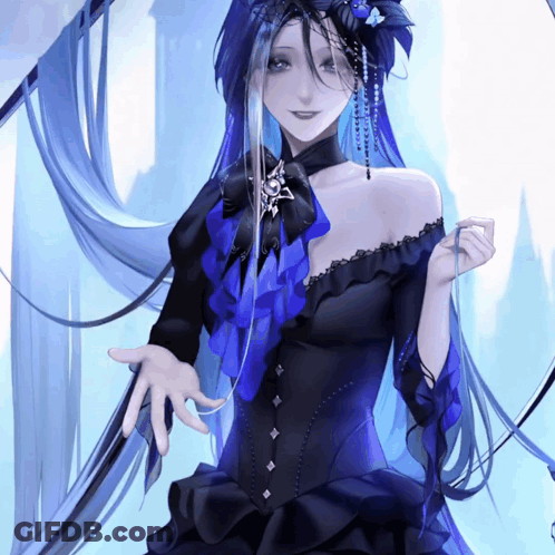 A Girl With Long Blue Hair And A Black Dress GIF