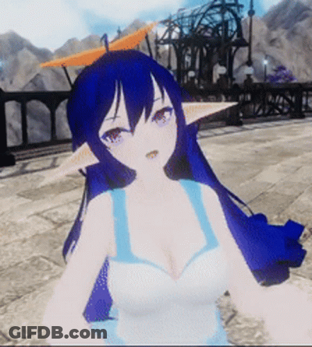 A Girl With Long Blue Hair And Ears Is Wearing A White Top GIF