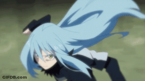 A Girl With Long Blue Hair And Green Eyes Is Standing In The Air . GIF